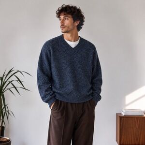 WinterSilks Blue Marled V-Neck Wool Silk Blend Sweater, M Vinage